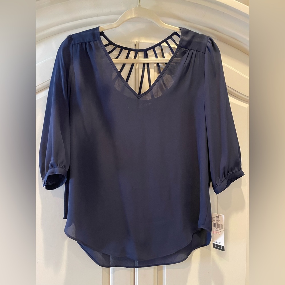 NWT A. Byer Navy Blouse, Size Small.